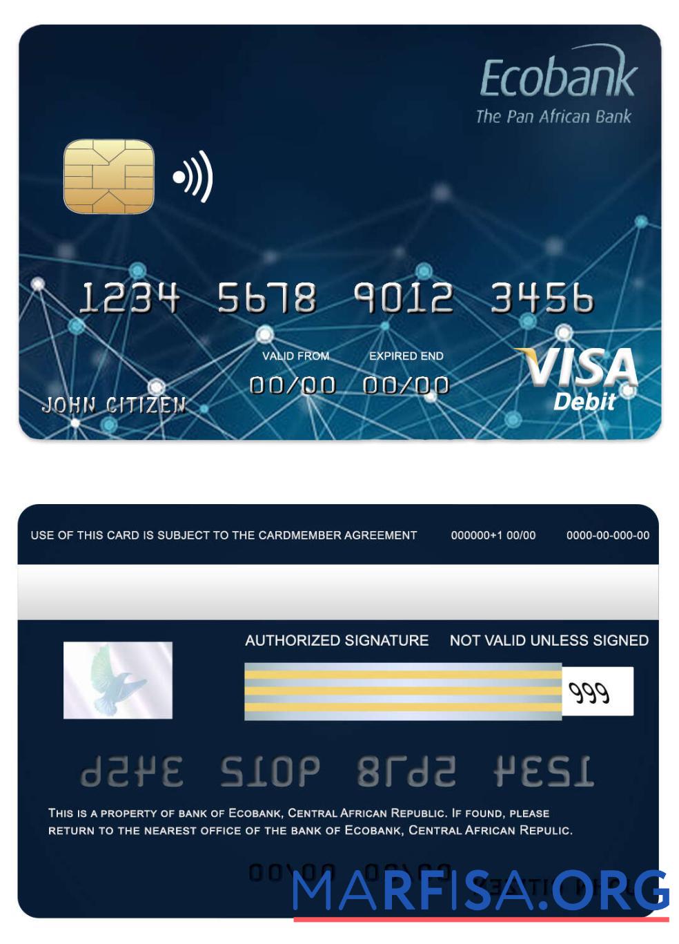 Realistic Central African Republic Ecobank bank visa card real example